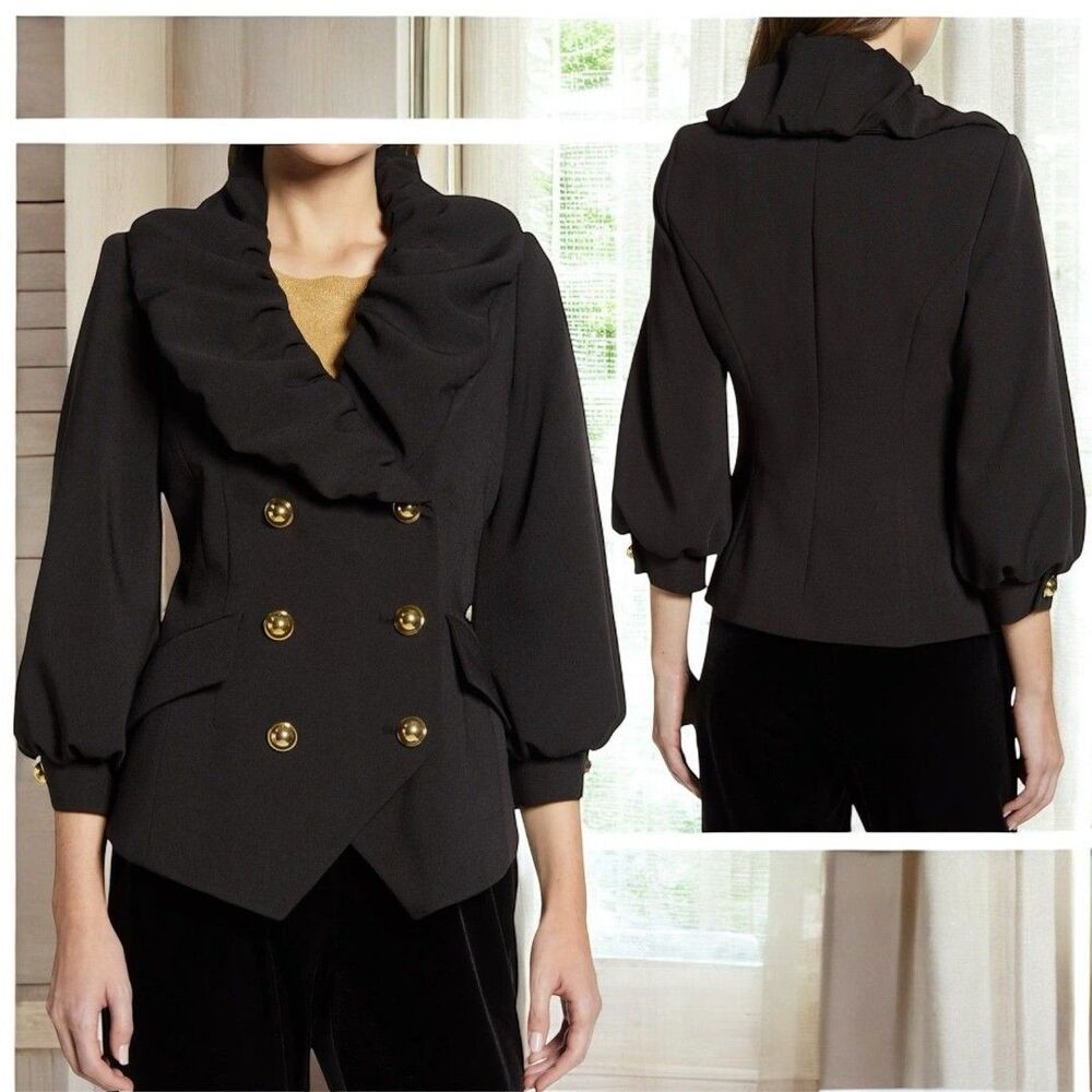 Halogen x Atlantic Pacific Women Blazer Sz 4 Black Ruffle Collar Double Breasted